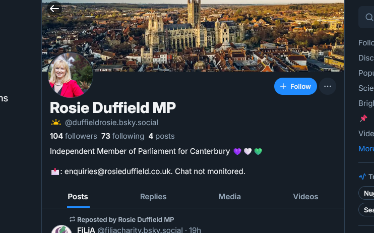 Rosie Duffield's Bluesky profile with the email "enquiries@rosieduffield.co.uk"