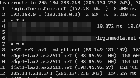 traceroute showing a lot of LAX routers