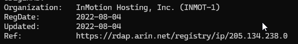 WHOIS result showing Inmotion Hosting, Inc as the IP owner
